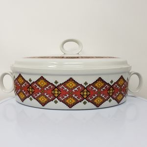 Vintage Delta Import Chicago Porcelain Oval Handled Casserole with Lid Ovenware